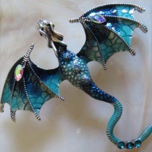 Dramatic DRAGON Turquoise & Dark Blue Brooch / Pendant Silver Alloy (K302)